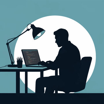 Male silhouette sitting at a desk and working on a laptop with program code on screen, featuring a desk lamp and office accessories against a blue and white circular background.