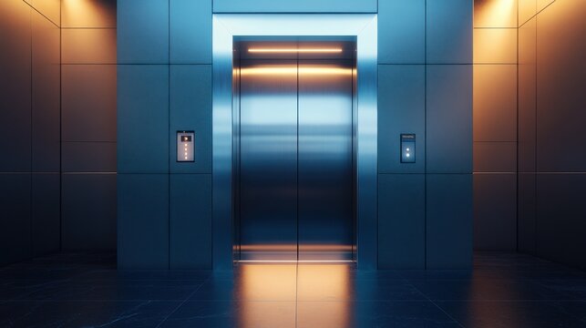 Modern elevator doors opening to bright interior with reflections
