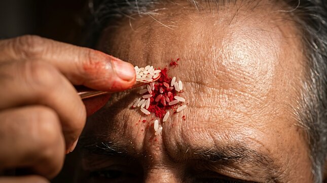 Close up of traditional tika ritual on forehead with rice and vermilion