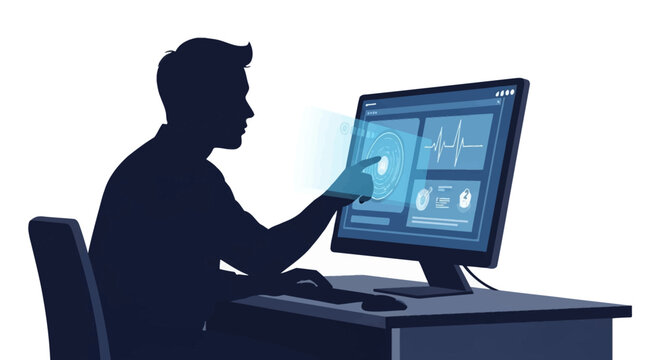 Dark silhouette of a man sitting at a desk interacting with a futuristic computer interface featuring medical data, heart rate graphs, and digital UI elements on a white background.