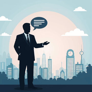 Silhouette of a businessman in a suit gesturing while speaking with a speech bubble over a modern city skyline background with skyscrapers and clouds in a flat vector illustration.