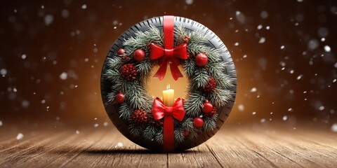 Fototapeta premium Unique Christmas wreath made from a car tire with festive decorations and a candle