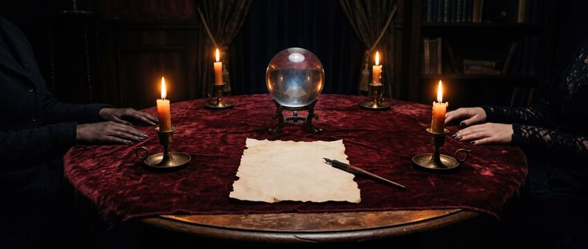 A mystical scene with hands on a table featuring a crystal ball and candles