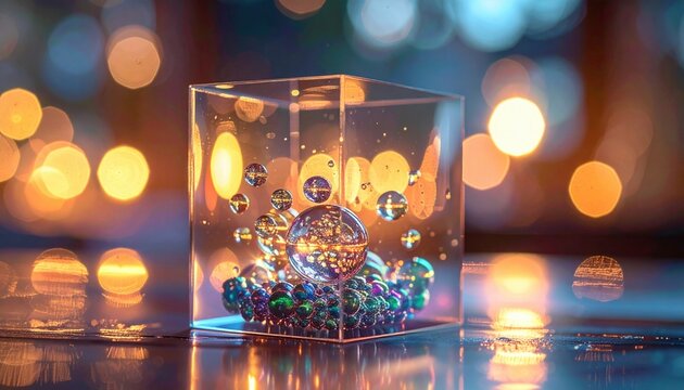 A transparent acrylic cube filled with iridescent spheres and bubbles, reflecting warm bokeh lights