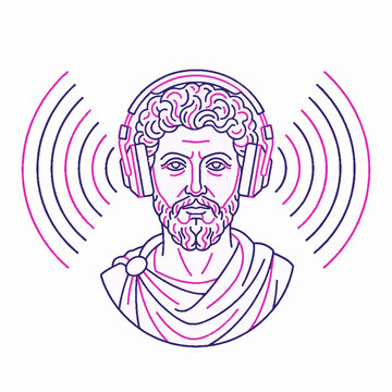 Line art illustration of a classical philosopher bust wearing modern headphones with sound waves.