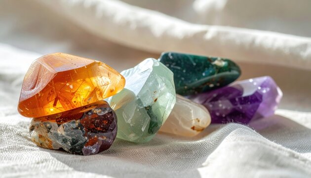 A vibrant collection of rough, uncut gemstones showcasing their natural beauty and diverse colors, bathed in soft light.
