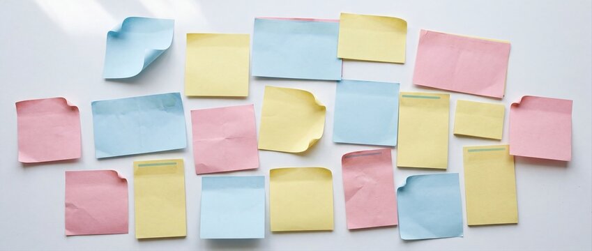 A collection of colorful sticky notes on a surface arranged randomly