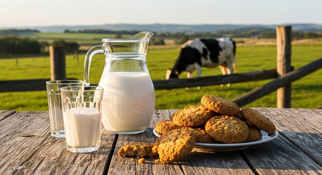 Fresh Milk in Glass Pitcher and Oatmeal Cookies on Rustic Table with Grazing Cow in Meadow Background