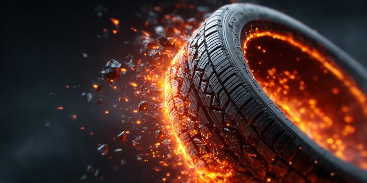Aggressive car tire exploding with fiery energy and debris in dark space