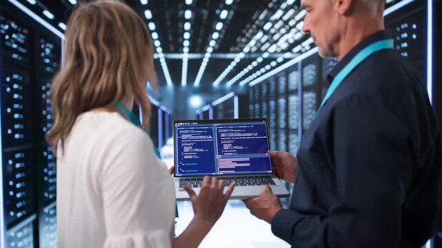 Engineers Working On Laptop Managing Servers