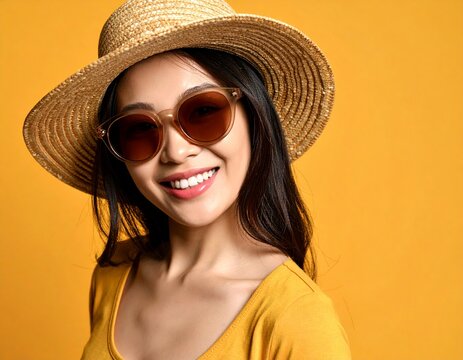 麦わら帽子を被り、サングラスをつけた女性