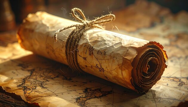 Antique Rolled Parchment Scroll Tied With Rope on Vintage Map Surface