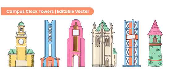 Fototapeta premium Campus clock tower vector set of university bell tower architecture illustrations featuring minimal line art design elements for college landmarks and academic heritage icon set on a white background.