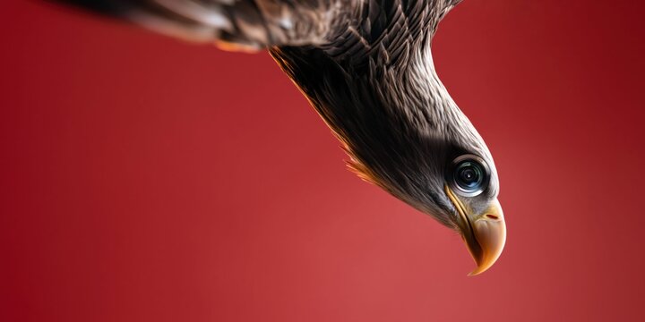 Hyper-realistic eagle head with camera lens eye in mid-fall against red background