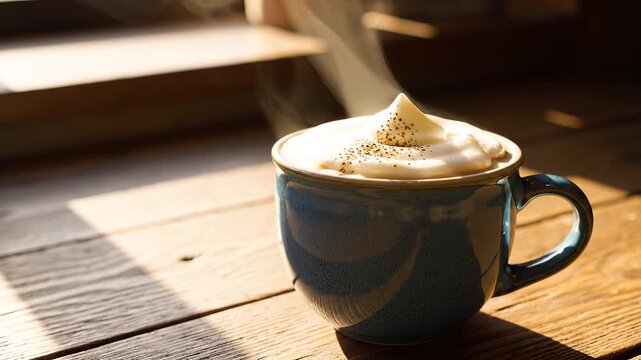 Luxury beverage advertisement footage featuring a blue ceramic coffee cup filled with freshly brewed coffee, crowned with fluffy whipped cream and delicately sprinkled nutmeg