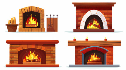 Obraz premium Collection of four brick fireplaces with burning wood and flame, isolated on white