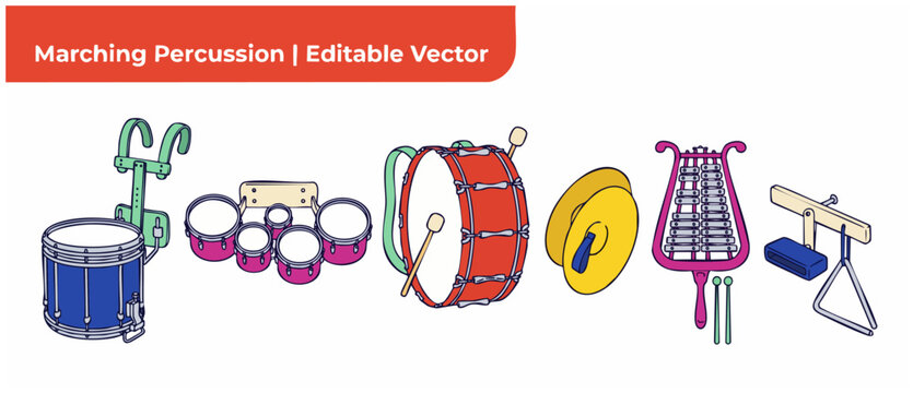 Marching band percussion instruments vector set with snare drum, bass drum, cymbals, multitenors, glockenspiel, triangle and cowbell icons isolated on white background for music education. Flat art.