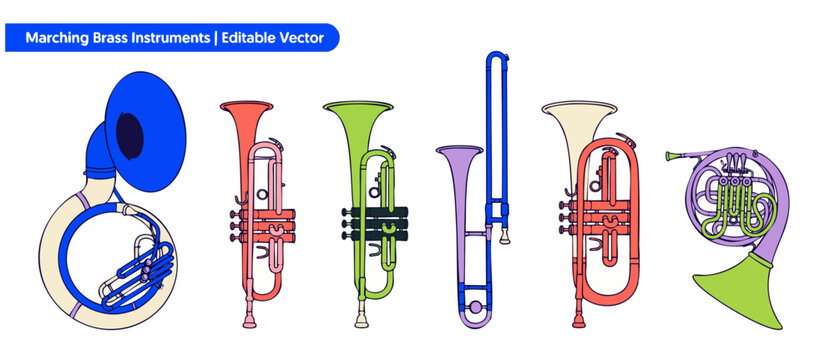 Marching brass instruments vector set of colorful wind horns including sousaphone, trumpet, trombone, french horn, and euphonium isolated on a white background for school bands, parades, and concerts.