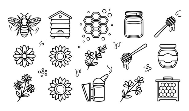 Honey bee and honey production line icons