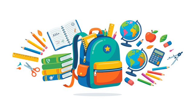Colorful school backpack and supplies floating in creative education composition with globe and stationery