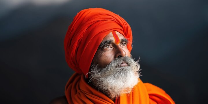 Portrait of an Indian yogi with a bright orange turban and traditional tilak mark