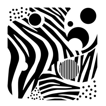 Abstract black and white geometric pattern with zebra stripes and dots