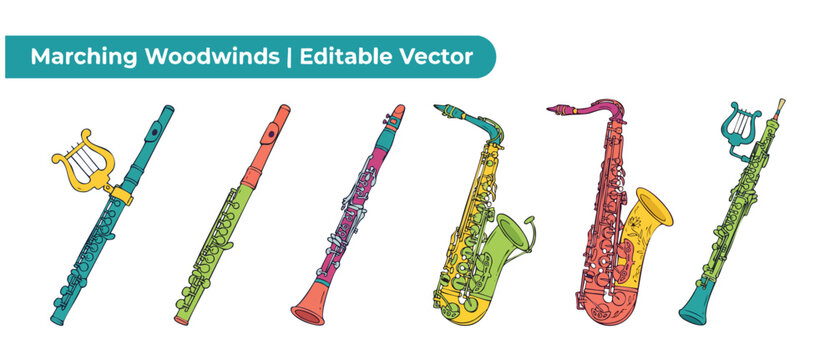 Marching band woodwind instruments vector illustration set featuring colorful saxophone, flute, clarinet, and oboe with music lyre clips isolated on a white background for school parade design.