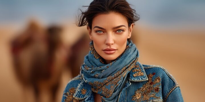 Fashionable woman in embroidered denim jacket and scarf poses in desert landscape
