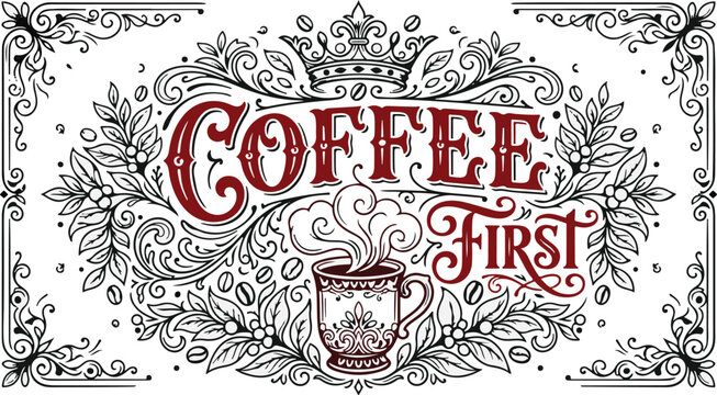 Typography  with Vintage coffee typography with crown and leaves diftent text font  illustration