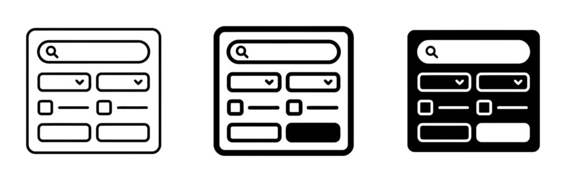 3 Web Page icons with search bars and UI elements, outline and solid styles