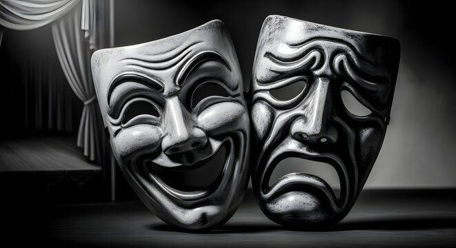 Classic comedy and tragedy theater masks on a stage in black and white