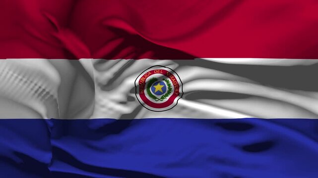Closeup Paraguay Flag Wave Loop waving in wind Realistic Paraguay Flag background