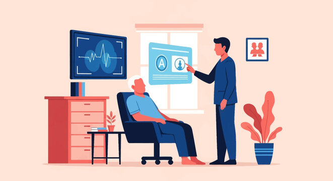 Flat vector illustration of a male medical professional in blue scrubs explaining digital records and heart rate data to an elderly male patient in a modern clinical setting.