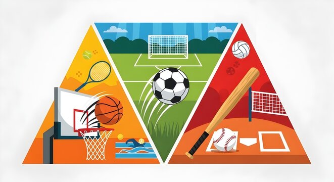 Vibrant triangle sports illustration featuring soccer basketball baseball tennis and volleyball