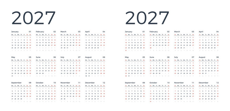 Minimal vector template for a 2027 annual calendar featuring both Monday and Sunday week start options