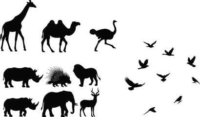 Collection of african safari wildlife animals and flying birds flock black silhouettes vector icons isolated on white background © MdAbdur