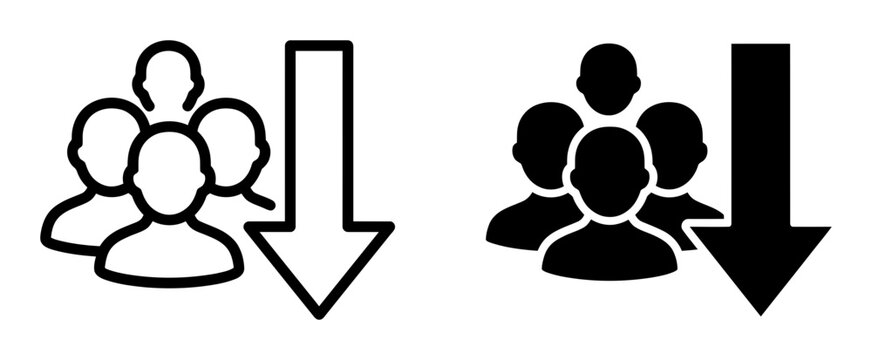 Vector icons of people groups with down arrows, teamwork and crowd symbols