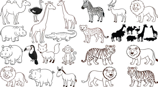 Large collection of hand drawn african safari wildlife animals and black silhouettes vector illustrations isolated on white background