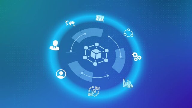 Distributed ledger technology and blockchain abstract blue backdrop featuring a central decentralized node cube icon.