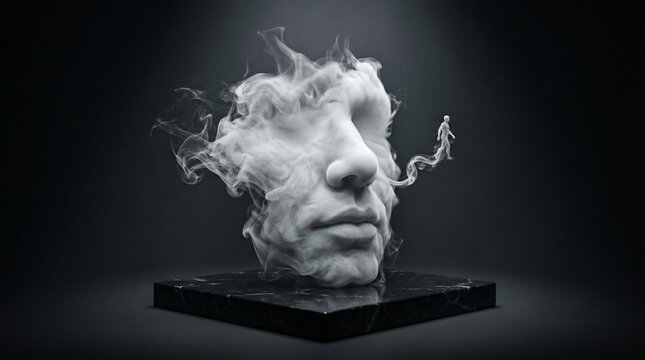 Abstract nose and mouth sculpture made of frozen smoke, dissipating at edges, marble plinth