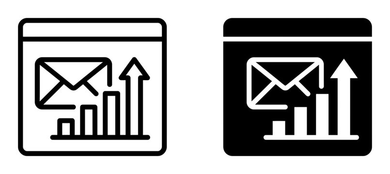 Email, statistics, and growth icons, business analytics symbols, black and white vector graphics
