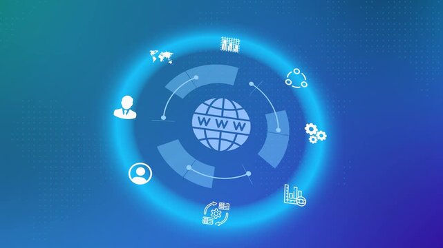 Global internet web icon inside abstract blue futuristic HUD circle representing worldwide cyberspace network.