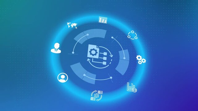 Tech document and system workflow icon inside circular futuristic user interface for data management and automation.
