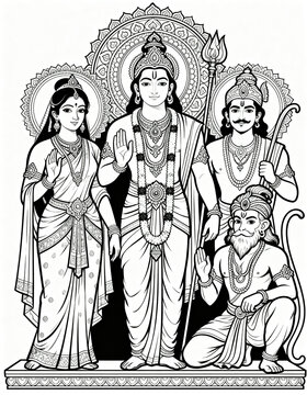 Ram Darbar Line Art Illustration &ndash; Lord Rama Family Hindu Devotional Artwork