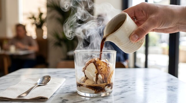 Hand pouring hot espresso from a ceramic pitcher over vanilla gelato scoop making affogato dessert, clear glass on a white marble table, swirling steam and frost mist, bright chic cafe background