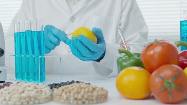 Scientist check chemical food residues, Swab for check chemical, Control experts inspect quality of vegetables. lab, hazards, ROHs, find prohibited substances, contaminate, Microscope, Microbiologist
