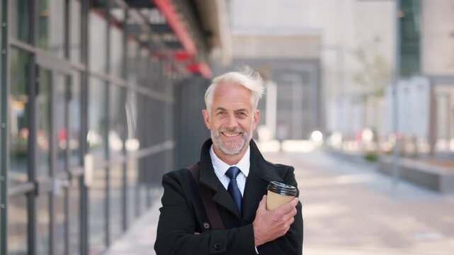 Face, coffee or businessman with laugh in city for commute, legal consultant or client representative. Mature, lawyer and portrait with confidence for litigation support, happy and morning travel