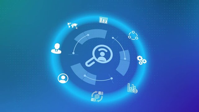 Blue futuristic digital circle interface layout with human profile magnifying glass search icon.