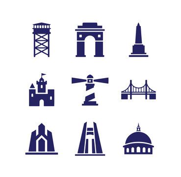 Collection of global landmark and architectural silhouette icons in dark blue with landmark architecture monument building lighthouse destination structure heritage silhouette construction