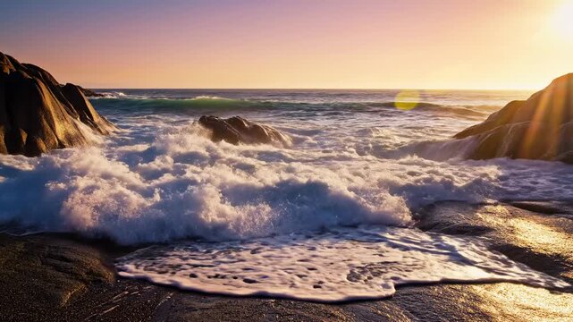 Dramatic ocean waves crashing against rocky shore at sunset, golden hour light, sea spray, coastal landscape